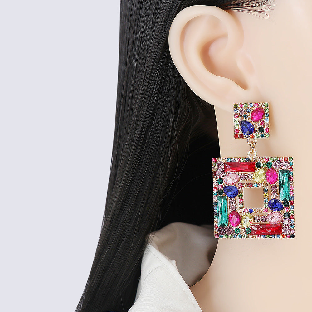 Large Plate Square Rhinestone-encrusted Stud Earrings Trendy Fashion Ornament - 0 - Bijou Her -  -  - 