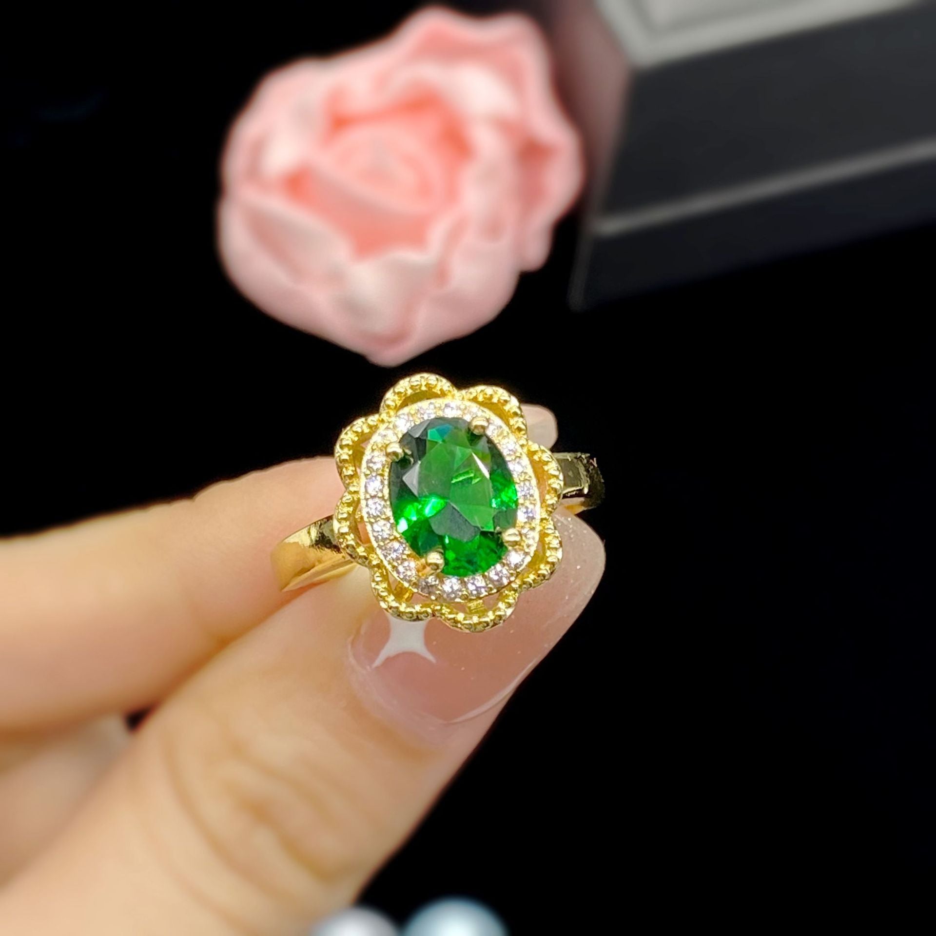 Hollowed Out Flower Shape Simulation Emerald Tourmaline Color Treasure Ring Female Yellow Gold - 0 - Bijou Her -  -  - 