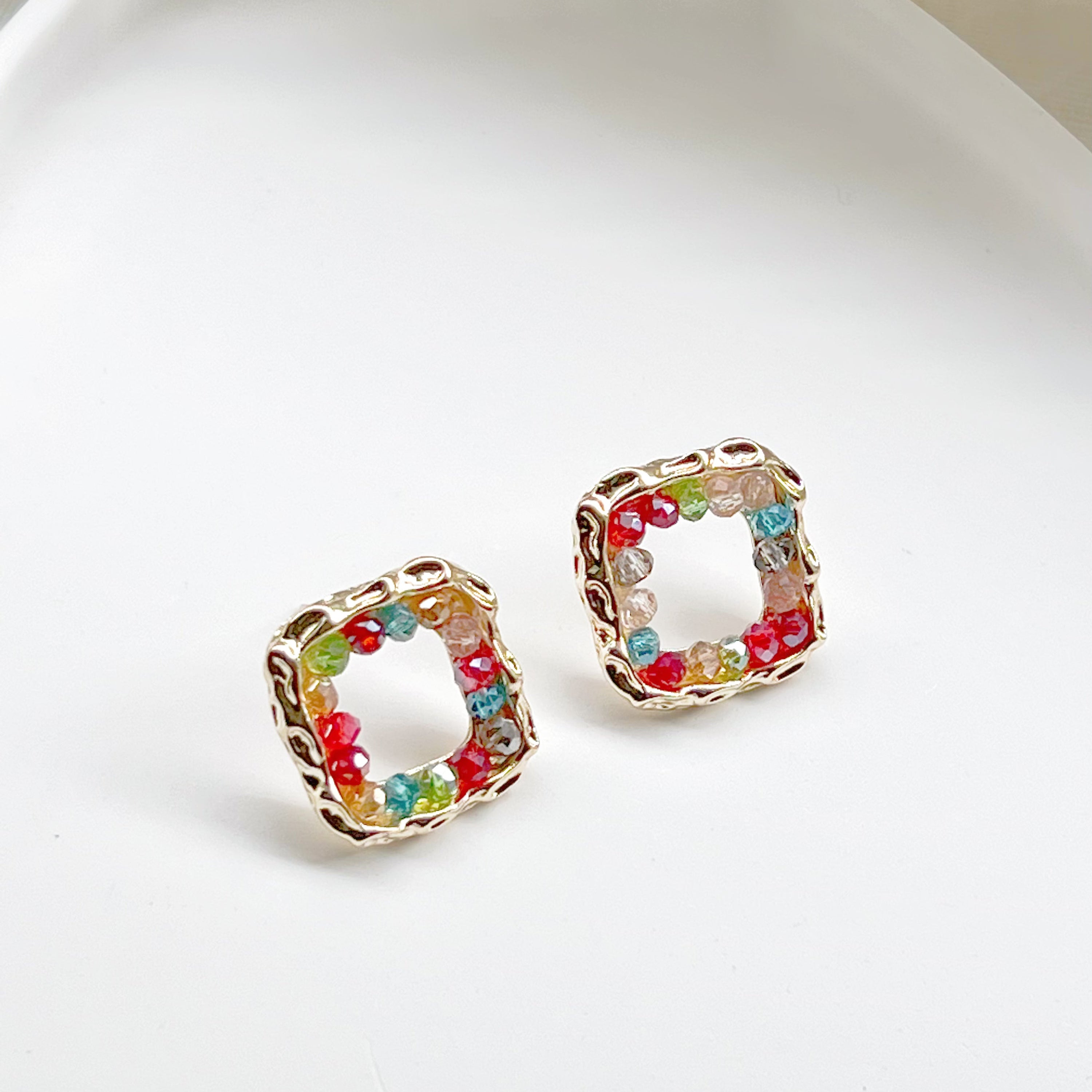 Rainbow Beads Square Hoop Earrings - Summer Theme Jewelry - Jewelry & Watches - Bijou Her -  -  - 