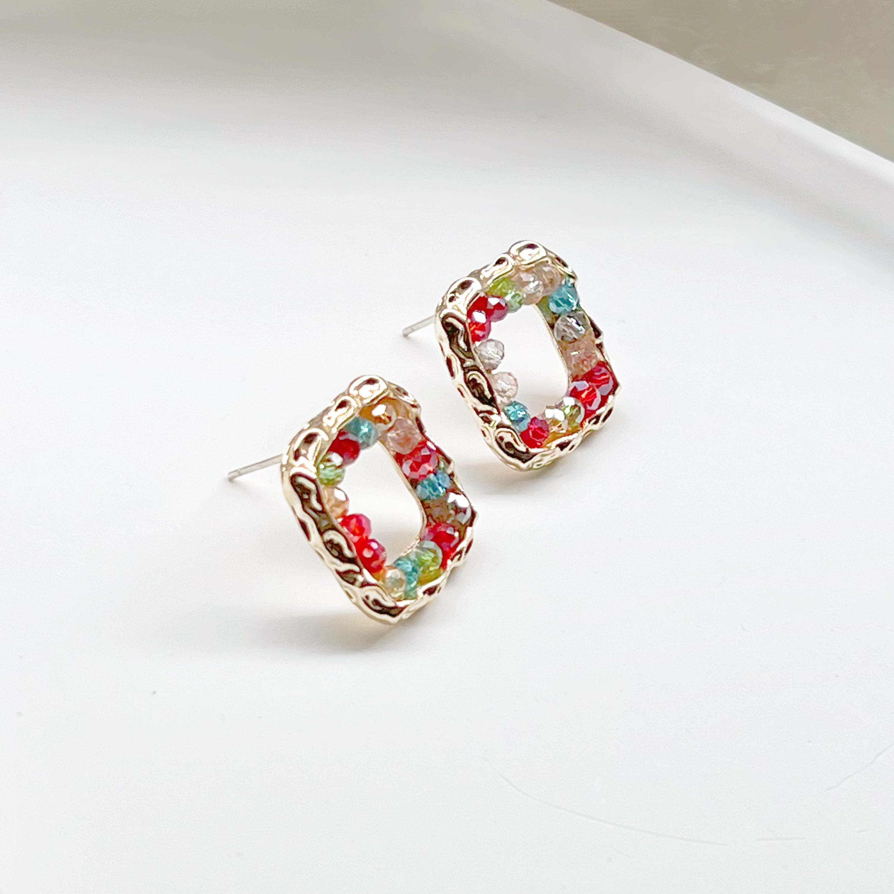 Rainbow Beads Square Hoop Earrings - Summer Theme Jewelry - Jewelry & Watches - Bijou Her -  -  - 