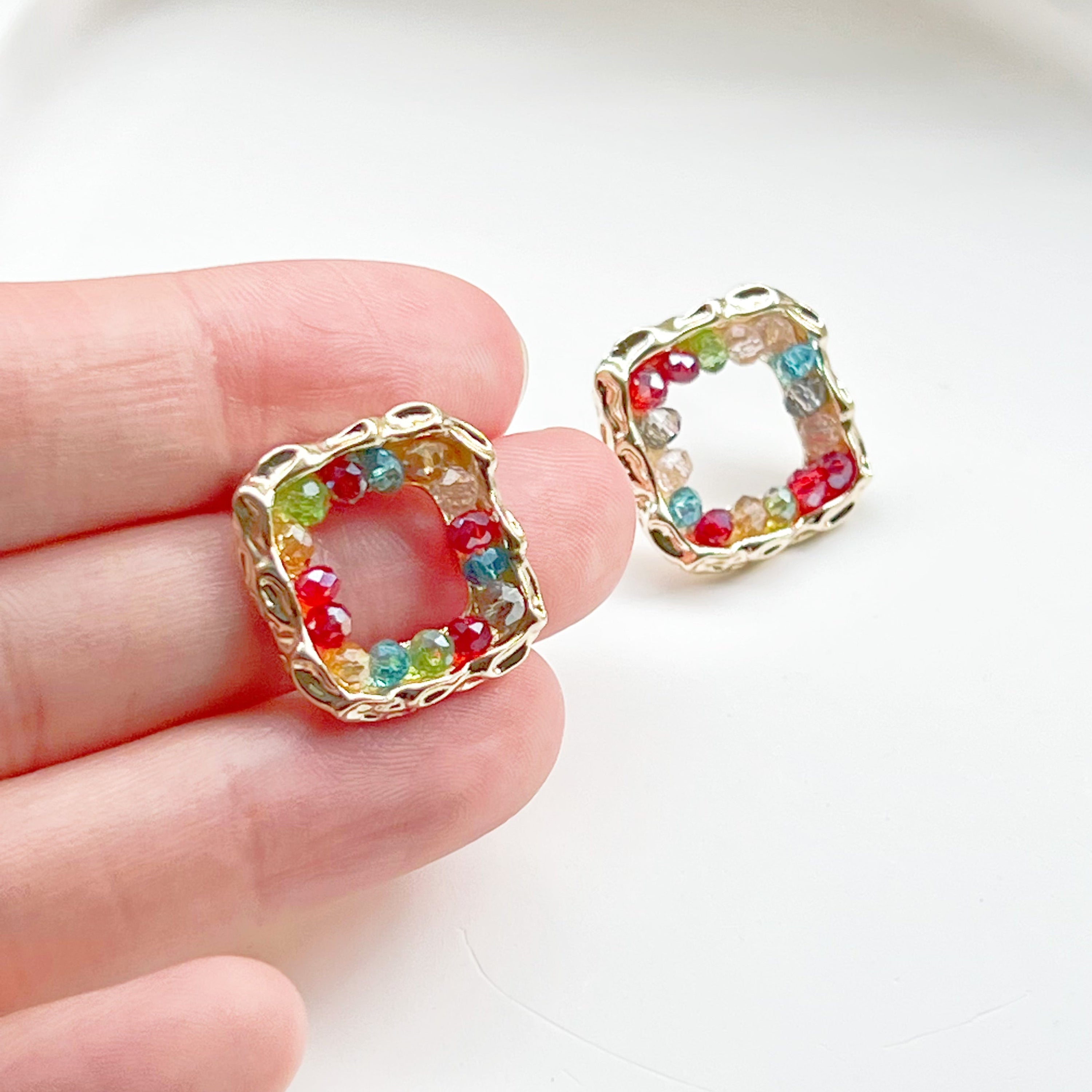 Rainbow Beads Square Hoop Earrings - Summer Theme Jewelry - Jewelry & Watches - Bijou Her -  -  - 