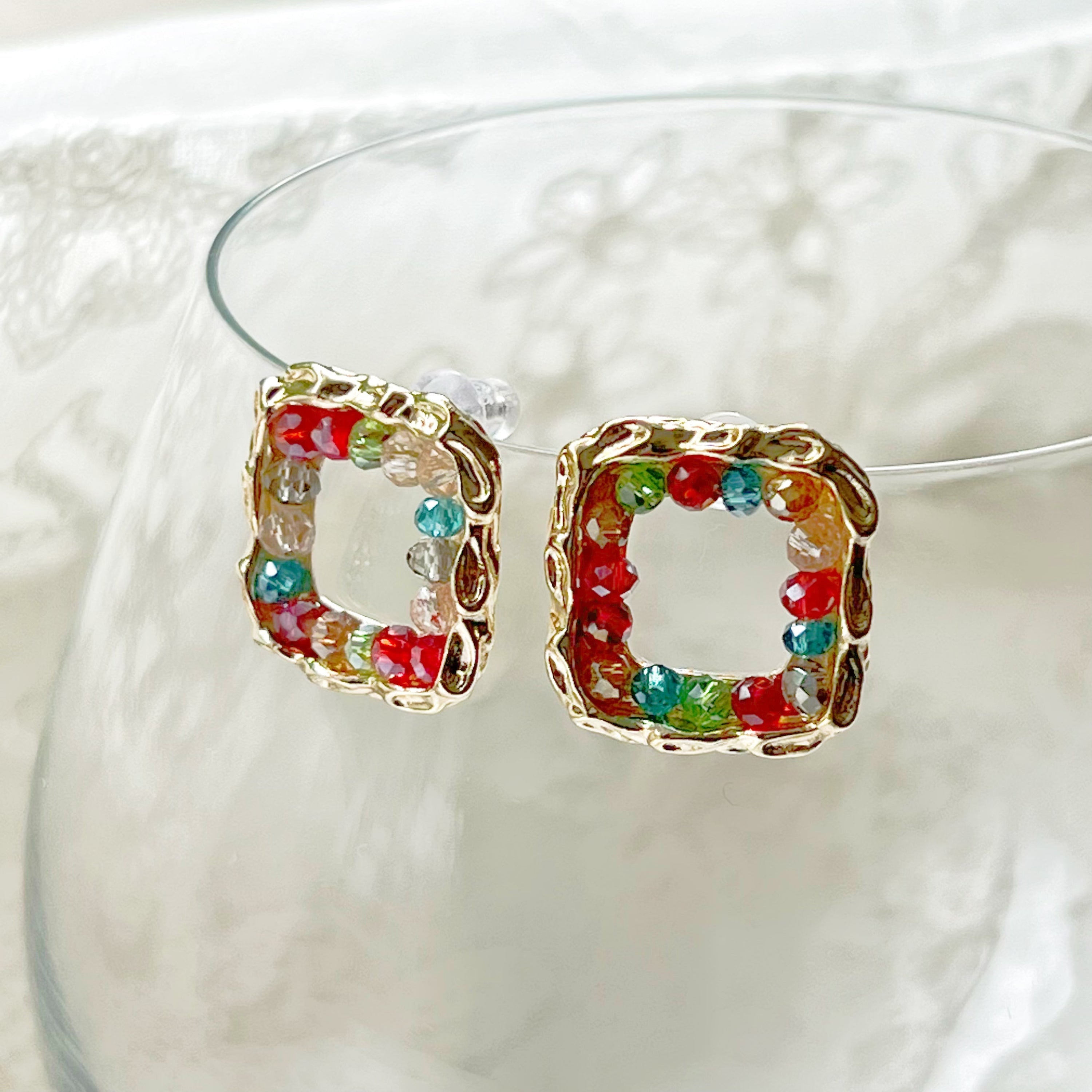 Rainbow Beads Square Hoop Earrings - Summer Theme Jewelry - Jewelry & Watches - Bijou Her -  -  - 