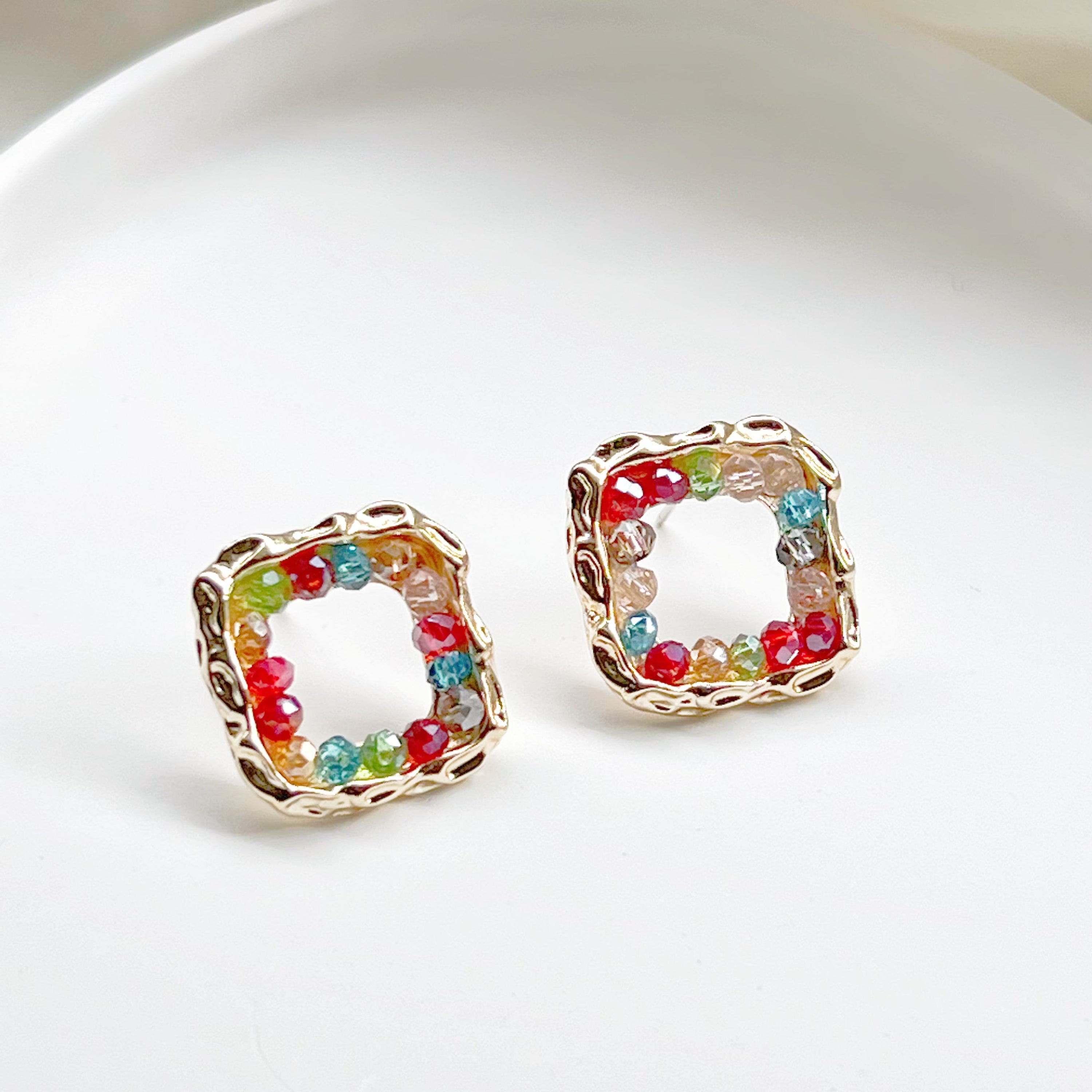 Rainbow Beads Square Hoop Earrings - Summer Theme Jewelry - Jewelry & Watches - Bijou Her -  -  - 