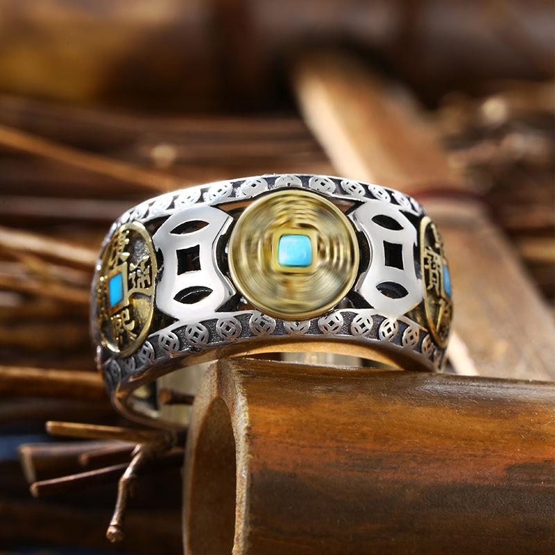 Rotatable Natural Turquoise Five Emperors Money Ring - 0 - Bijou Her -  -  - 