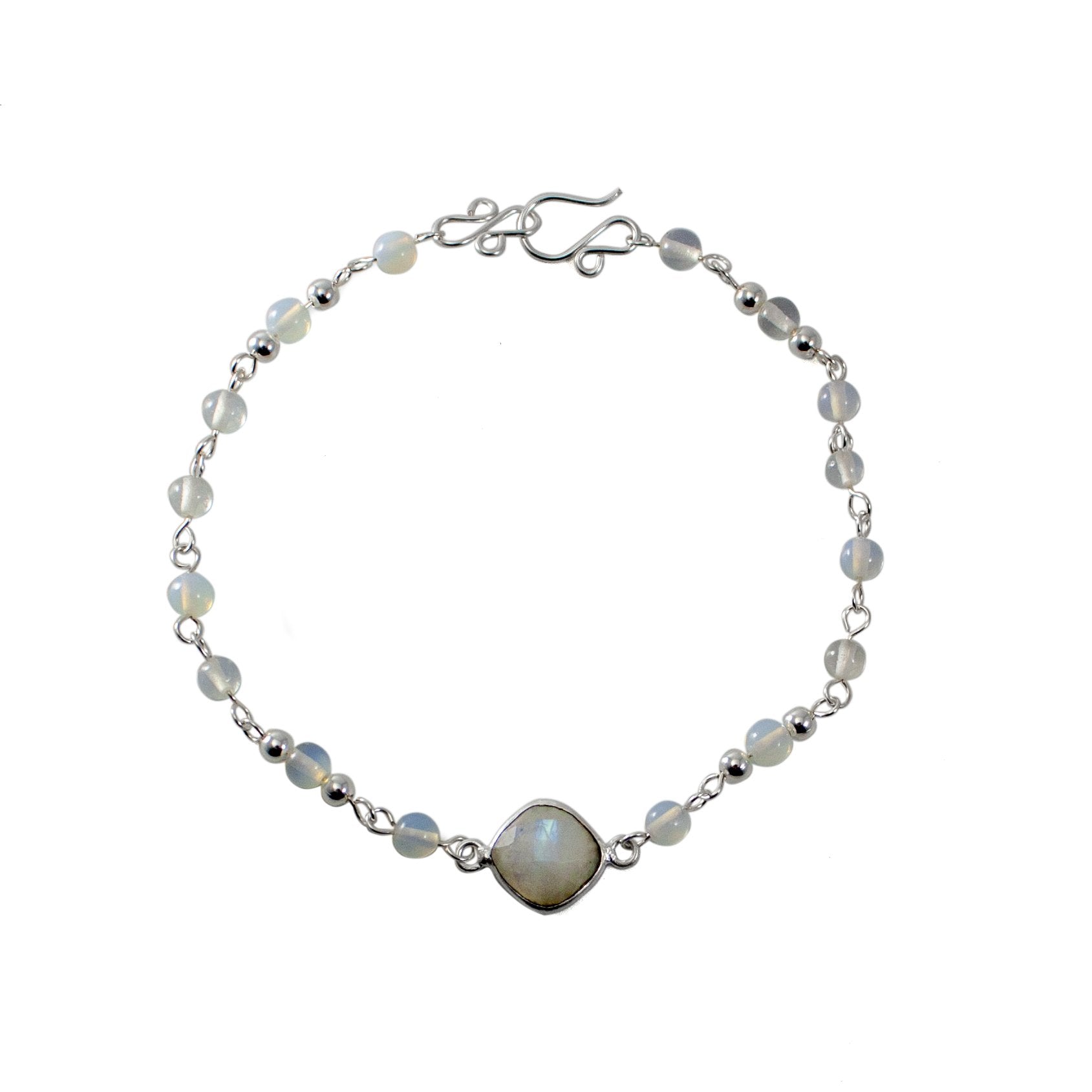 Rainbow Moonstone and Opalite Silver Chain Bracelet - 10mm Cushion Cabochon - Jewelry & Watches - Bijou Her -  -  - 