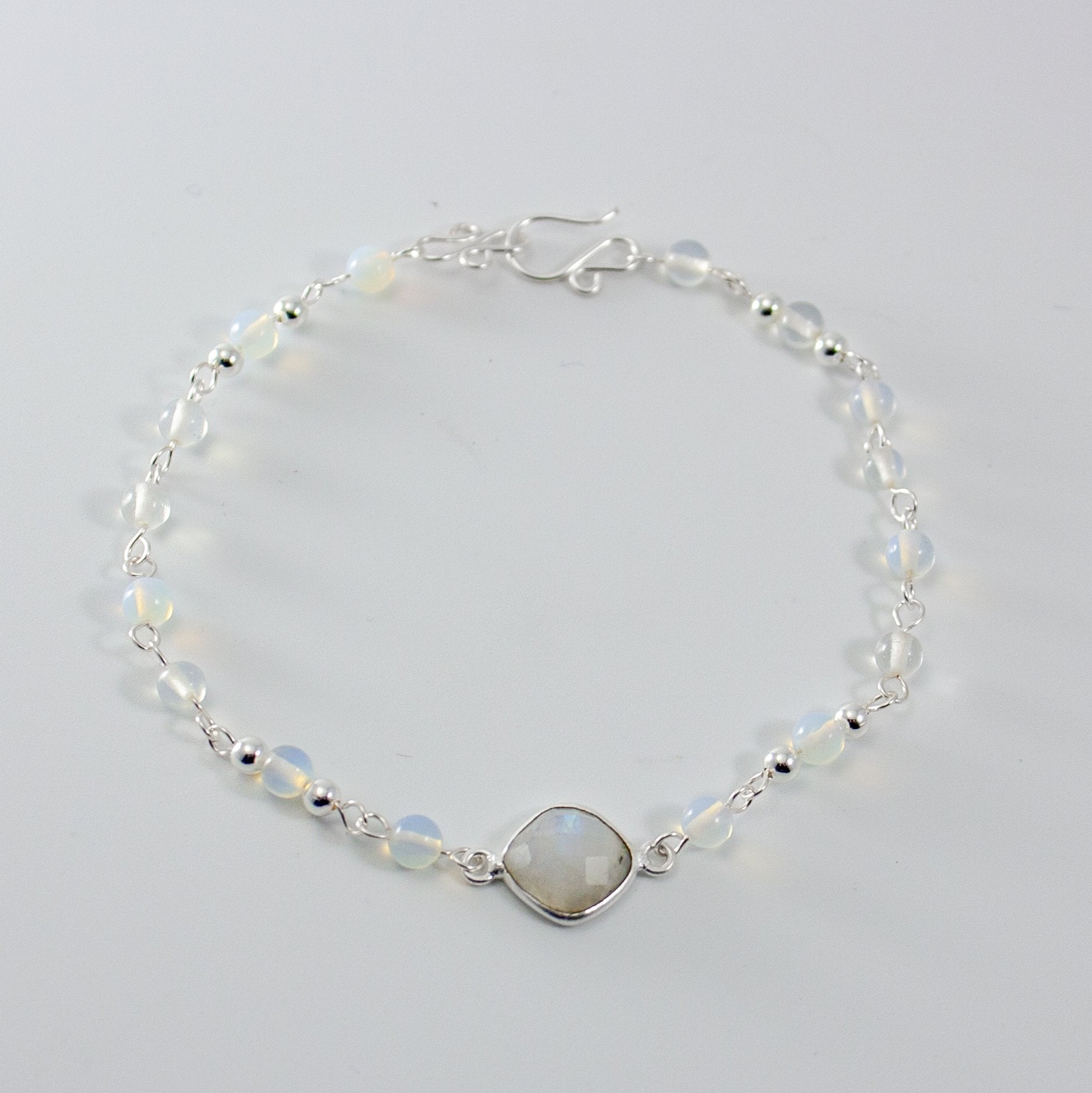 Rainbow Moonstone and Opalite Silver Chain Bracelet - 10mm Cushion Cabochon - Jewelry & Watches - Bijou Her -  -  - 