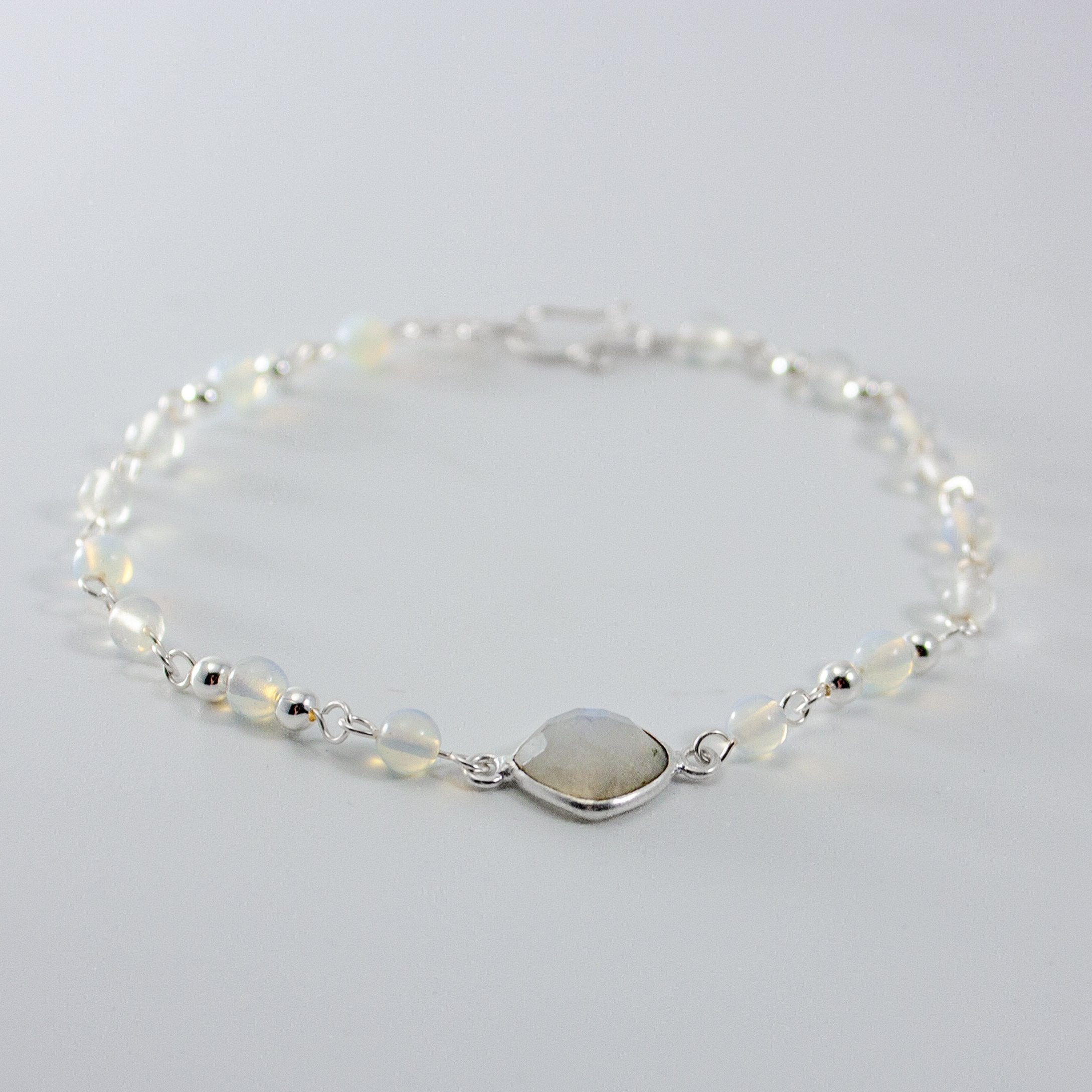 Rainbow Moonstone and Opalite Silver Chain Bracelet - 10mm Cushion Cabochon - Jewelry & Watches - Bijou Her -  -  - 