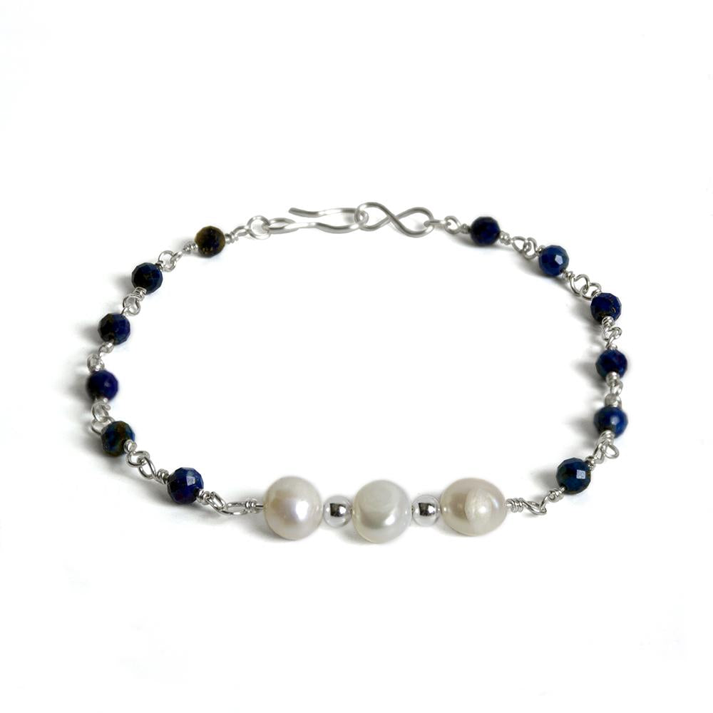 Lapis Lazuli and Freshwater Pearl Sterling Silver Bracelet - Handcrafted in the USA - Jewelry & Watches - Bijou Her -  -  - 