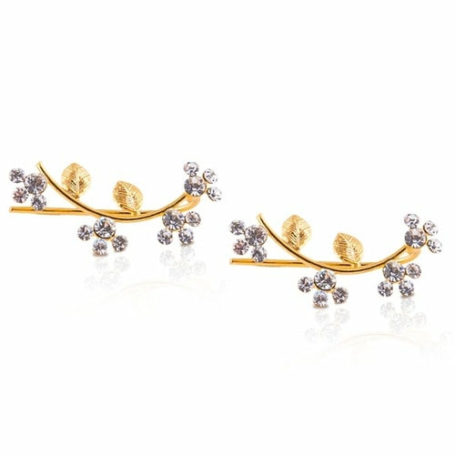 Handmade Brass Flower & Leaf Ear Cuffs and Climber Earrings with CZ Crystals - 18K Gold Plated - Gifts Under $50 - Jewelry & Watches - Bijou Her - Color -  - 