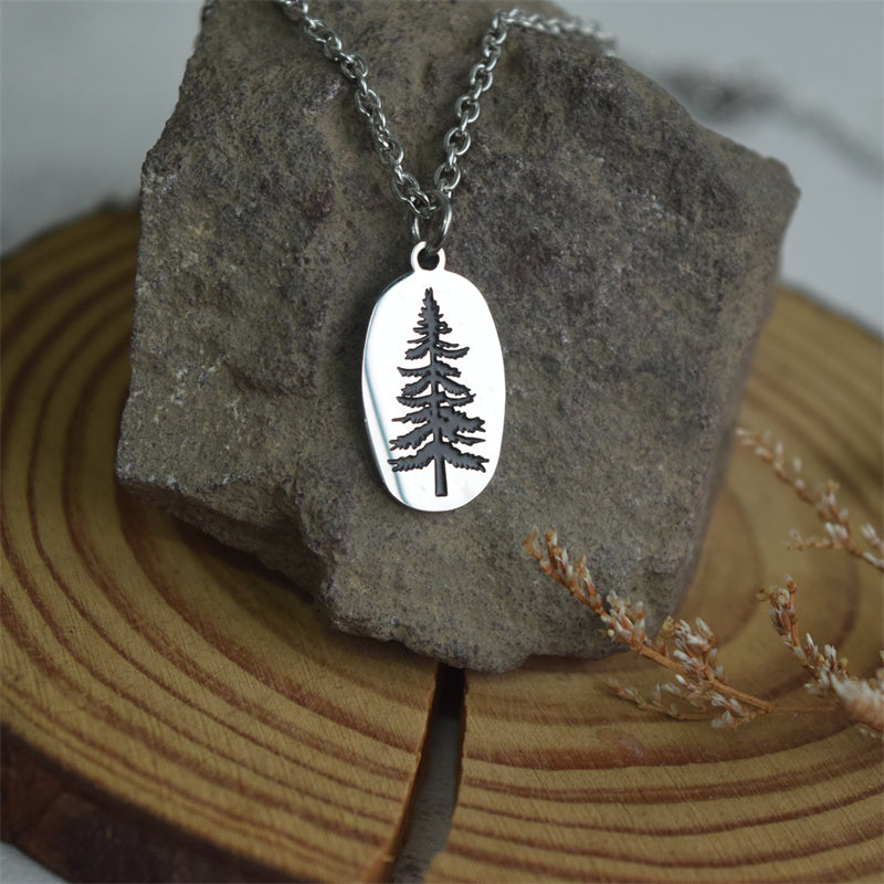 Oval Tree Engraved Stainless Steel Titanium Steel Necklace Pendant - 4 - Bijou Her -  -  - 