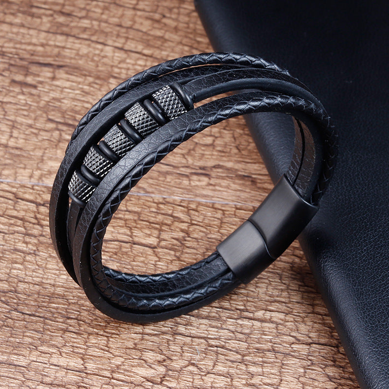 Stainless Steel Leather Braided Bracelets Genuine Leather Multi-layer Men's Jewelry - 0 - Bijou Her -  -  - 
