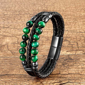 Men's Leather Rope Beaded Bracelet Fashion Three Layers - 0 - Bijou Her -  -  - 