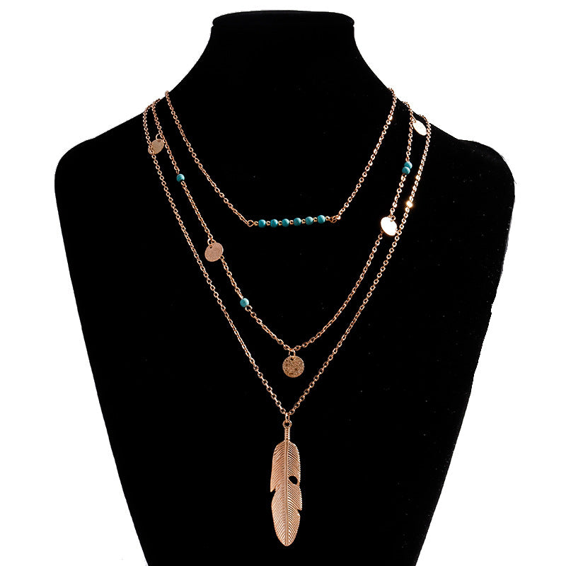 Women's Fashion Metal Feather Pendant Layered Necklace - 0 - Bijou Her - Color -  - 