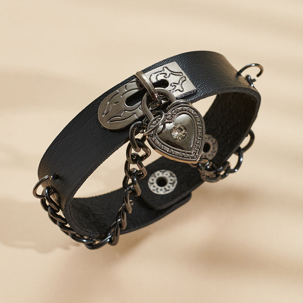 Gothic Heart-Shape Lock Link Leather Metal Snap Button Bracelet - 4 - Bijou Her -  -  - 