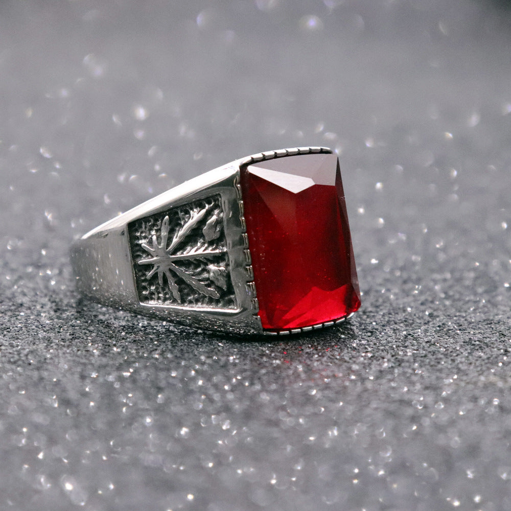 Maple Leaf Black Ruby Stainless Steel Ring For Men - 0 - Bijou Her - Color - size - 