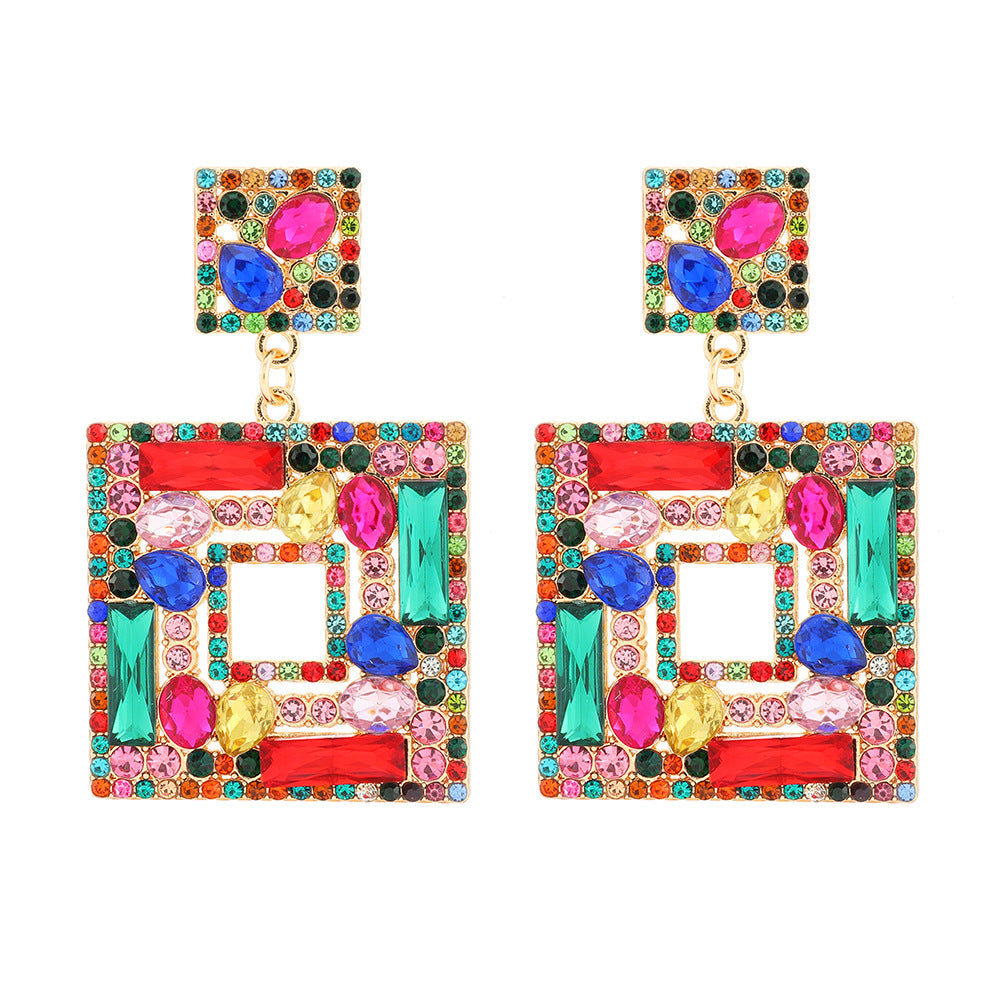 Large Plate Square Rhinestone-encrusted Stud Earrings Trendy Fashion Ornament - 0 - Bijou Her - Color -  - 