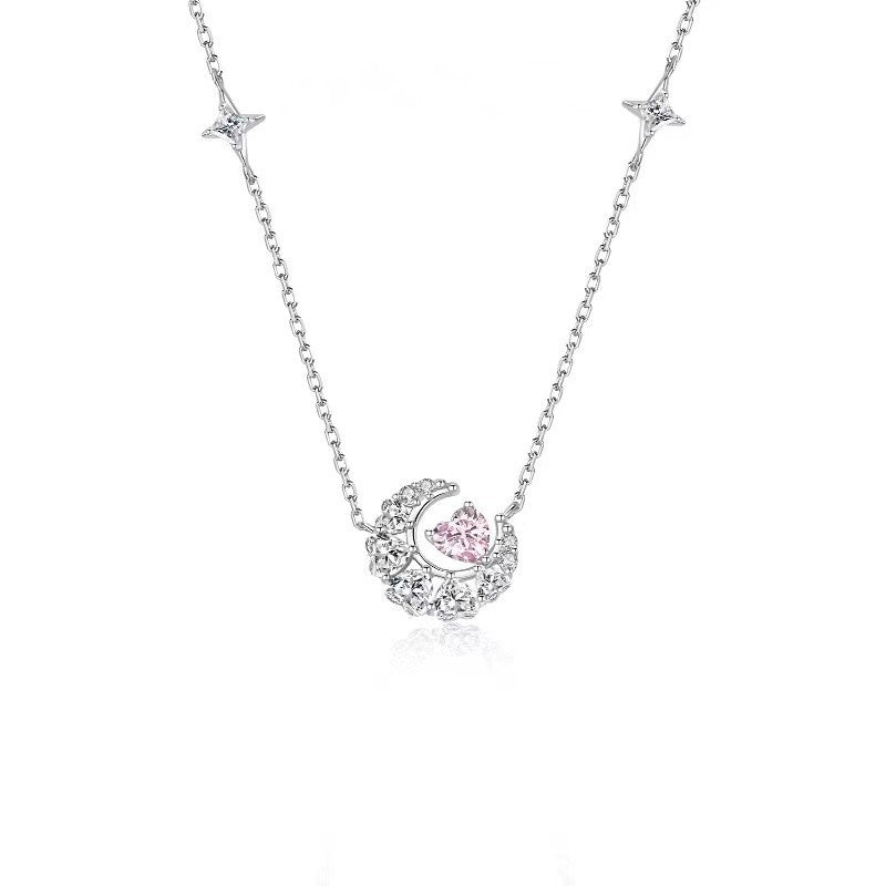 Simple And Versatile Love Pink Diamond Star And Moon Clavicle Chain Accessories - 0 - Bijou Her - Color -  - 