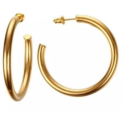 Hypoallergenic 18k Gold Tubular Hoop Earrings - 2.4" Post Back - Jewelry & Watches - Bijou Her - Size - Color - 