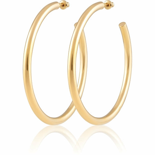 Hypoallergenic 18k Gold Tubular Hoop Earrings - 2.4" Post Back - Jewelry & Watches - Bijou Her - Size - Color - 