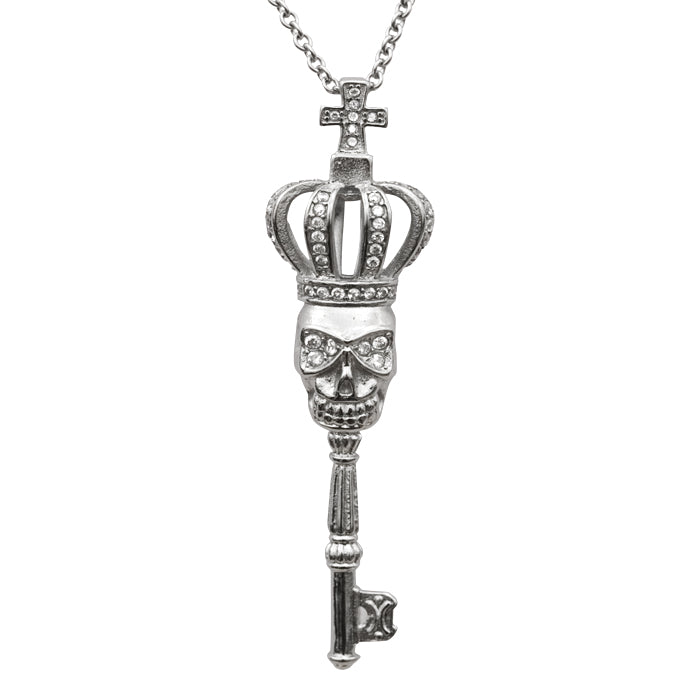 White CZ Crowned Skull Key Pendant Necklace - Edgy Fashion Accessory - Jewelry & Watches - Bijou Her -  -  - 