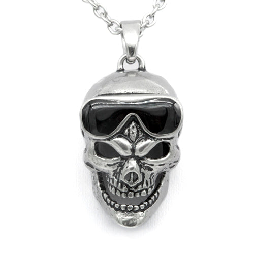 Menacing Skull Pendant Necklace - Stainless Steel with Black Epoxy Finish - Fashion Accessory for Men and Women - 17" Chain with 2" Extender - Includes Pouch - Jewelry & Watches - Bijou Her -  -  - 