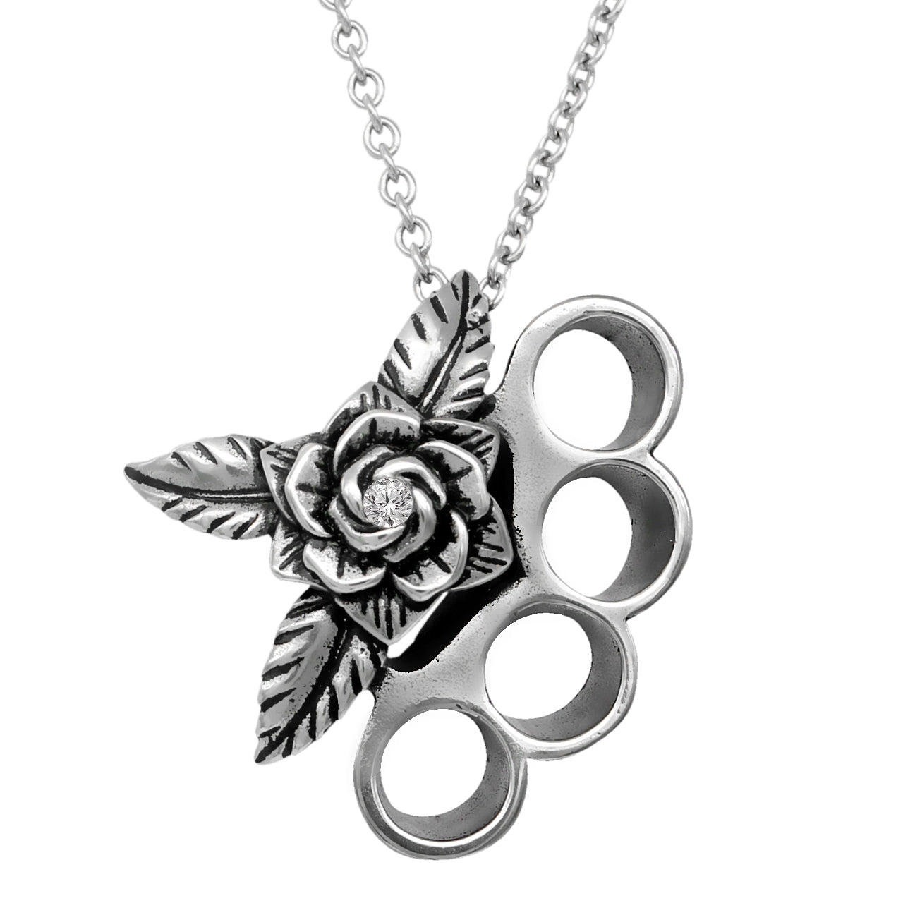 Stainless Steel Brass Knuckles & Rose Necklace: Bold and Beautiful Jewelry - Jewelry & Watches - Bijou Her -  -  - 