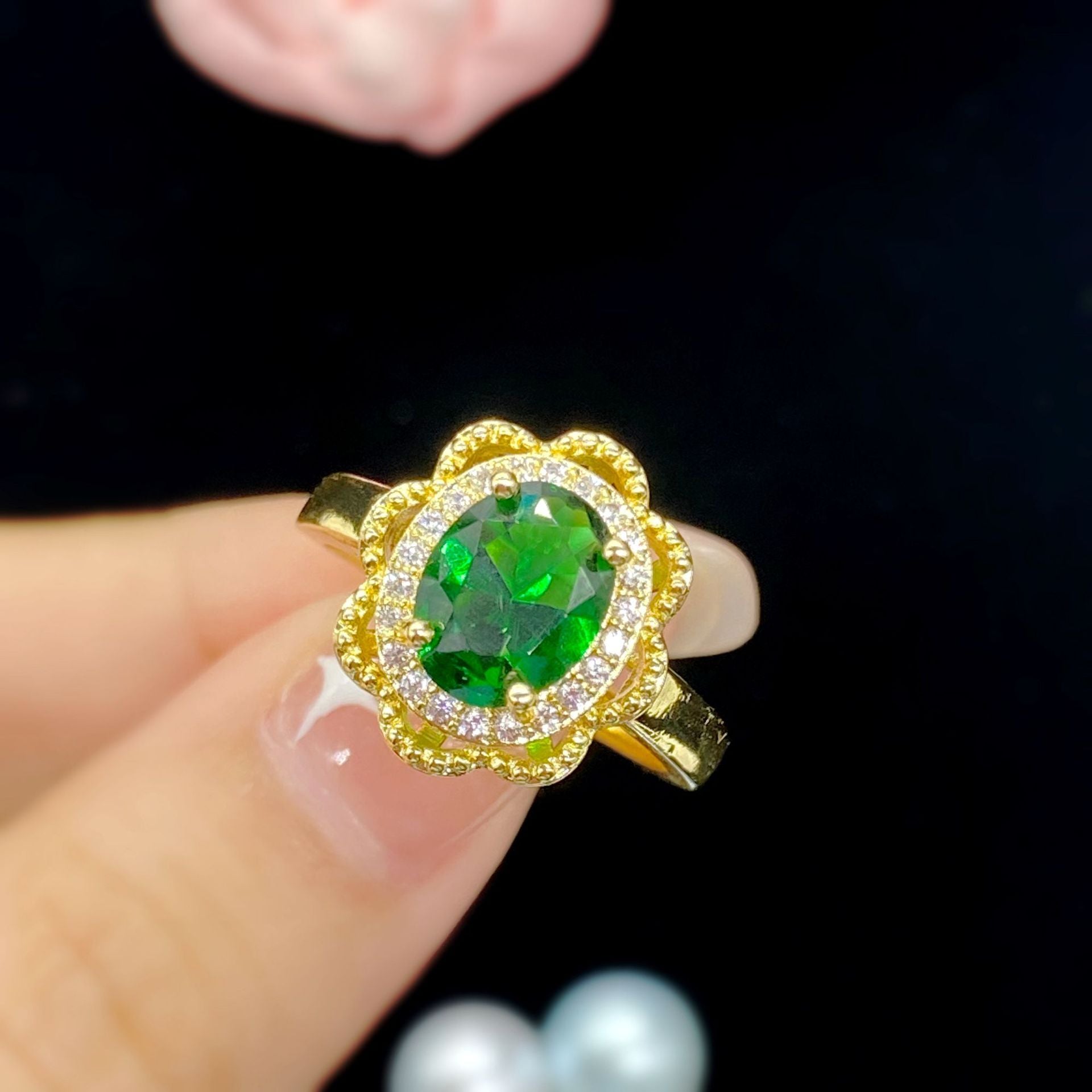 Hollowed Out Flower Shape Simulation Emerald Tourmaline Color Treasure Ring Female Yellow Gold - 0 - Bijou Her -  -  - 