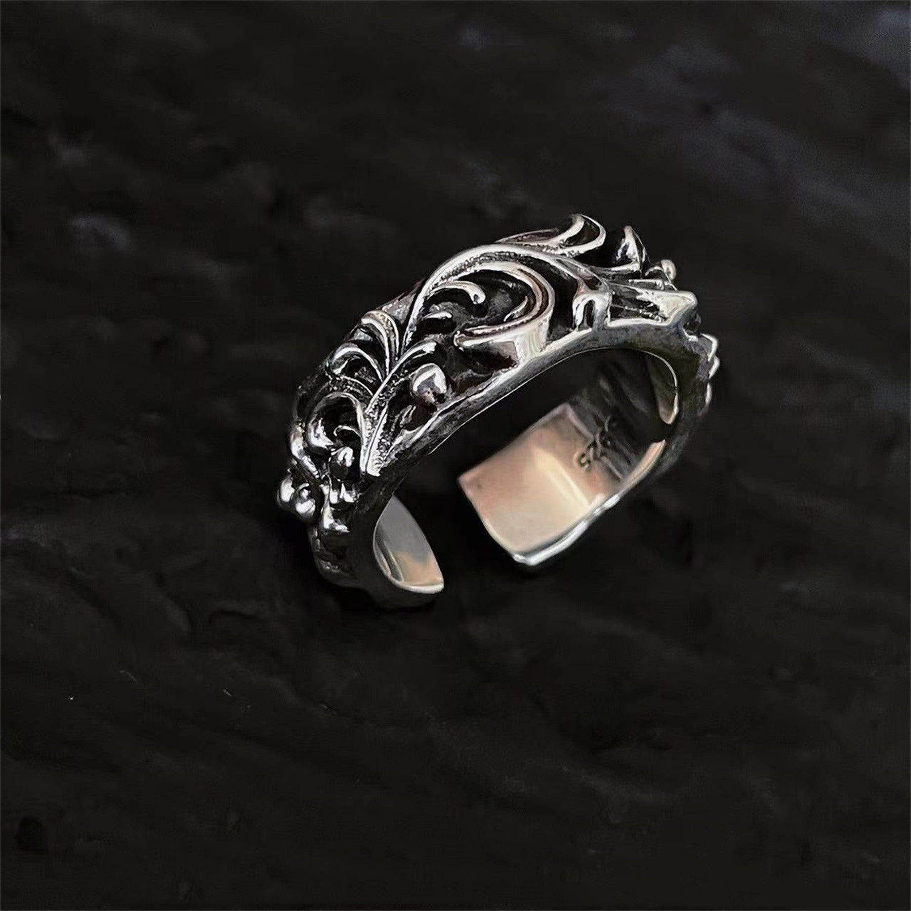 Silver Antique Heavy Industry Embossed Brambles Arakra Pattern Ring - 0 - Bijou Her - Color -  - 