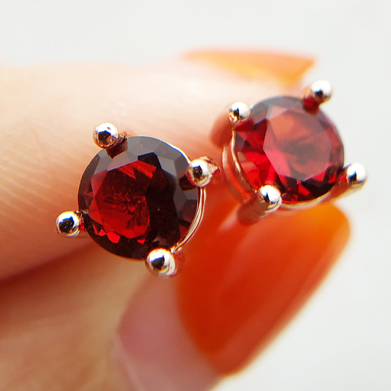 Simple Literary Red Crystal Gemstone Four Claws Set Diamond Earrings - 0 - Bijou Her - Color -  - 