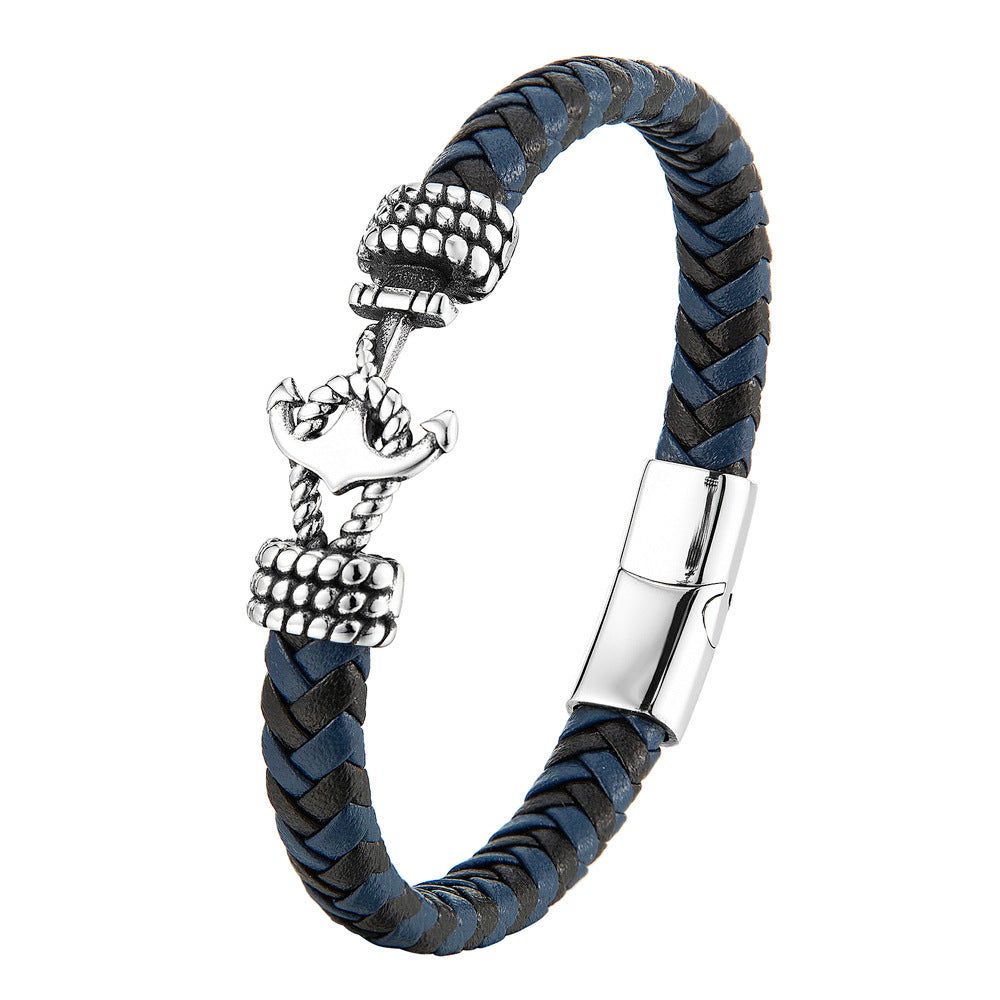 Mens Titanium Steel Bracelet Leather Braided Anchor - 0 - Bijou Her - Color -  - 