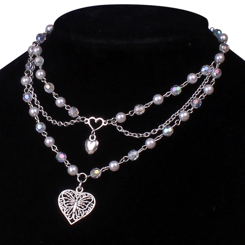 Multilayer Butterfly Love Necklace Female Pearl Peach Heart Choker - 0 - Bijou Her - Color -  - 