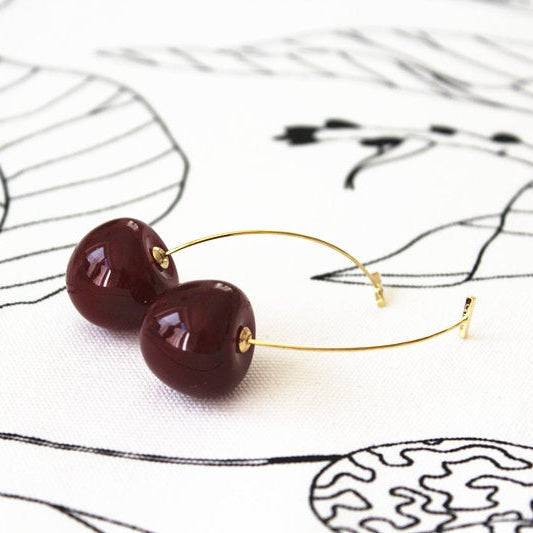 Vintage Style Dark Red Cherry Statement Earrings - Resin Cherries on Gold-Coated Bronze Ear Wires - Jewelry & Watches - Bijou Her -  -  - 