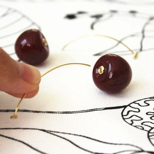 Vintage Style Dark Red Cherry Statement Earrings - Resin Cherries on Gold-Coated Bronze Ear Wires - Jewelry & Watches - Bijou Her - Title -  - 