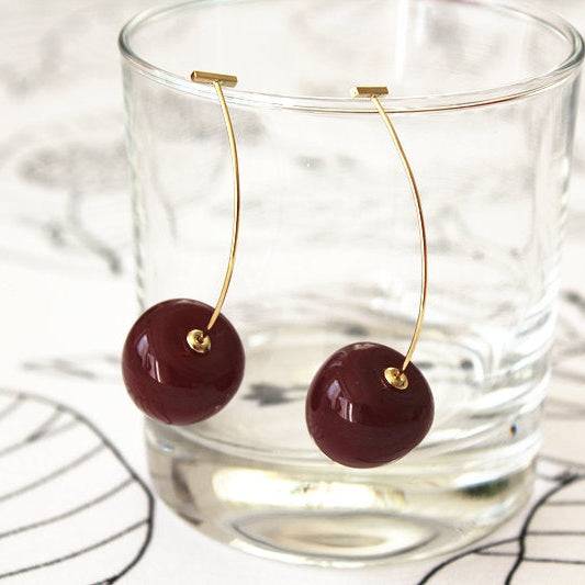 Vintage Style Dark Red Cherry Statement Earrings - Resin Cherries on Gold-Coated Bronze Ear Wires - Jewelry & Watches - Bijou Her -  -  - 