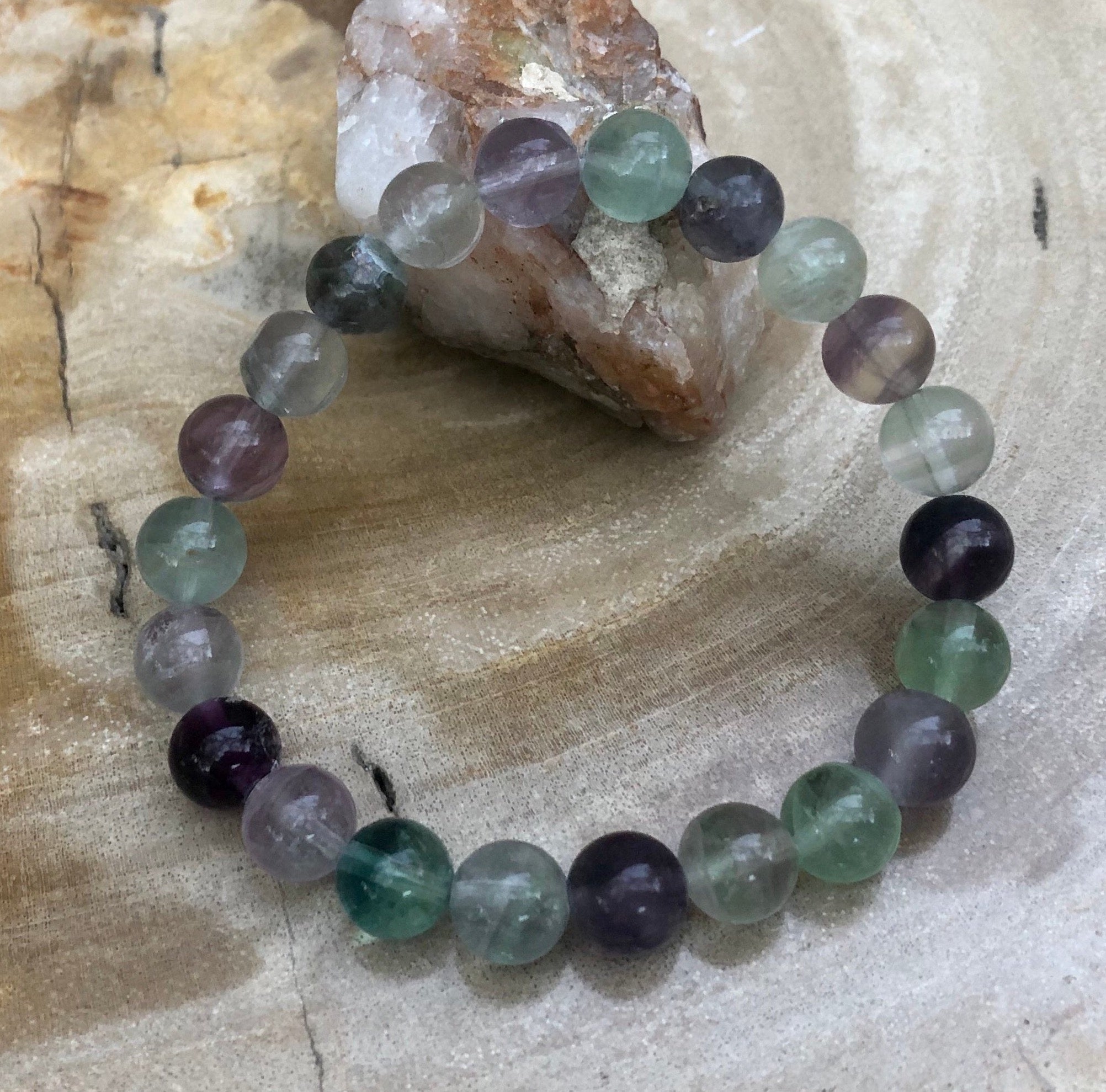 Rainbow Fluorite Stretch Bracelet - Master Healing Stone for Heart, Third Eye, and Crown Chakras - Handmade in USA - Bracelets - Bijou Her -  -  - 