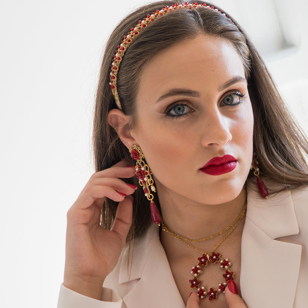 Handmade Tatting Lace Earrings in Ruby Jade and Pearls - Made in Italy - Earrings - Bijou Her -  -  - 