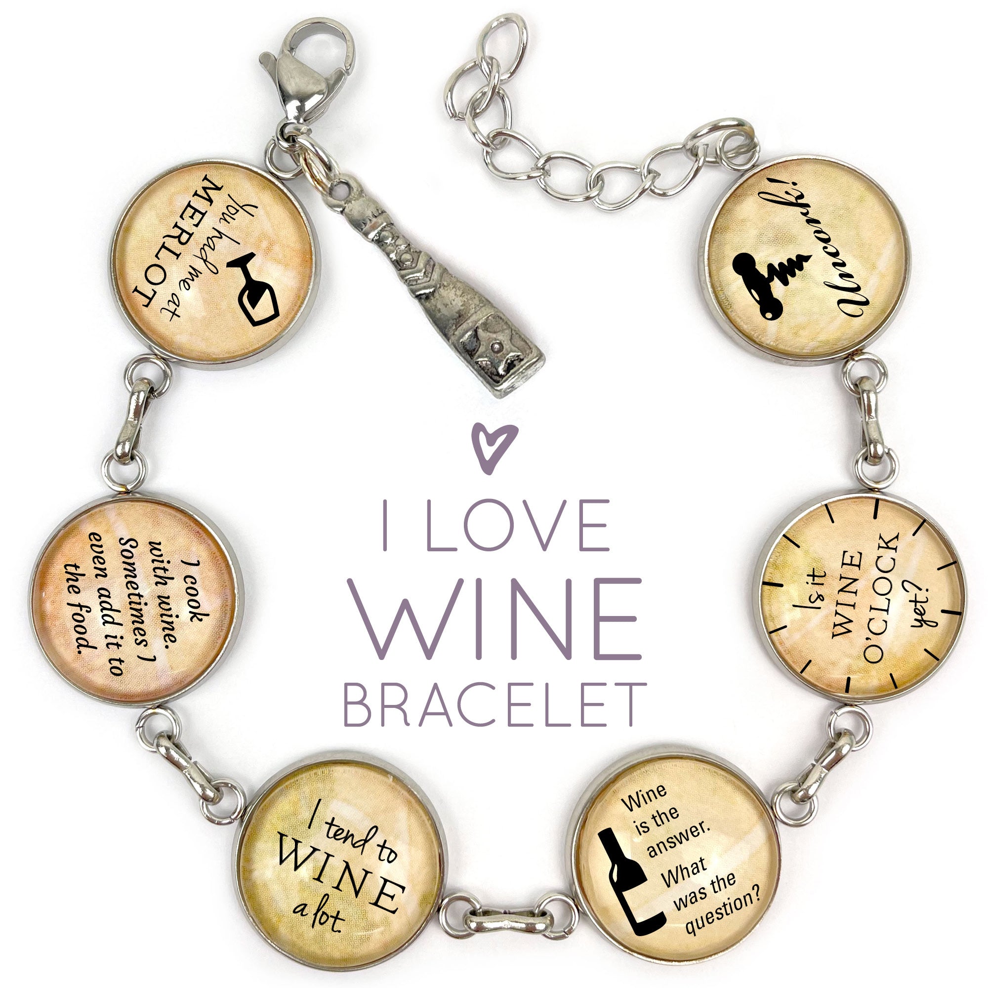 Wine Charm Bracelet with Custom Sayings and Glass Charms - Bracelets - Bijou Her -  -  - 
