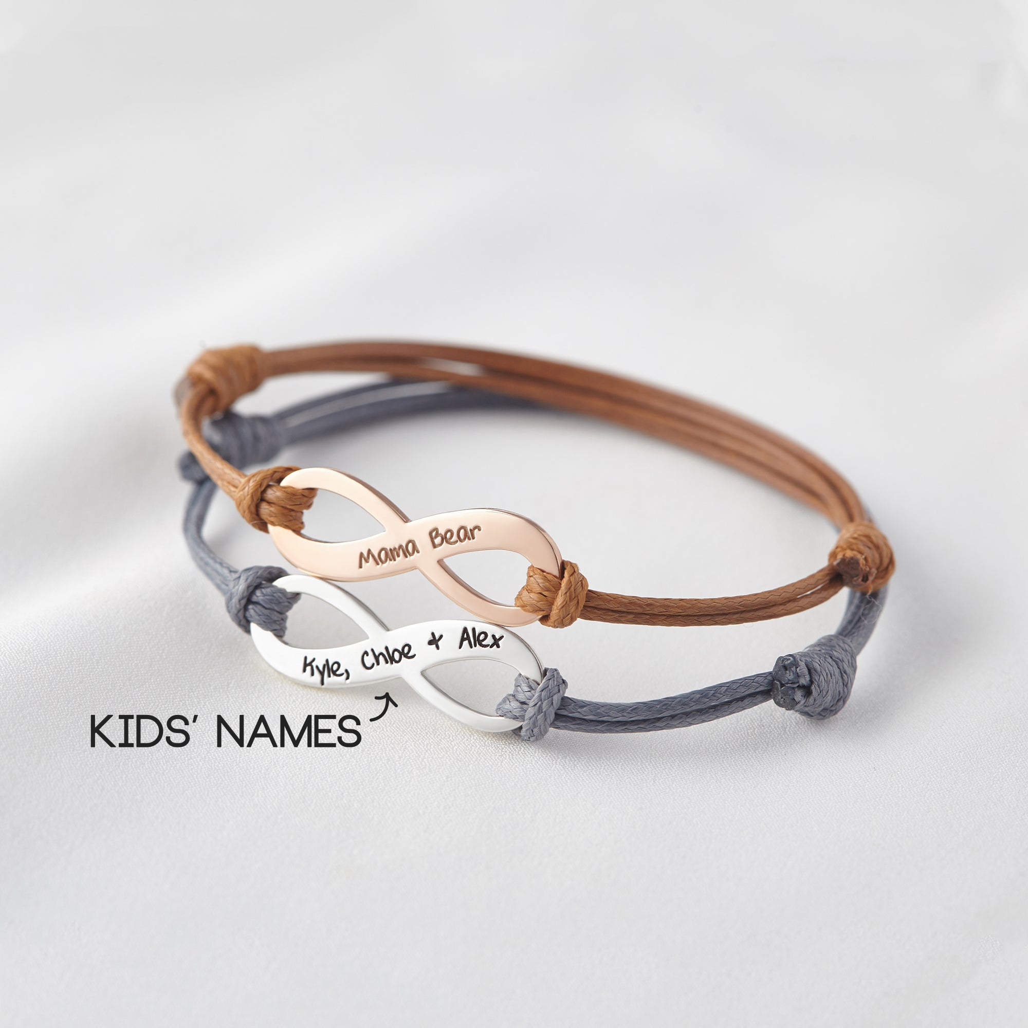 Personalized Infinity Leather Bracelet for Mom with Kids' Names and Message - 925 Sterling Silver and 18K Gold Plated Gift for Mother's Day and Special Occasions - Bracelets - Bijou Her -  -  - 