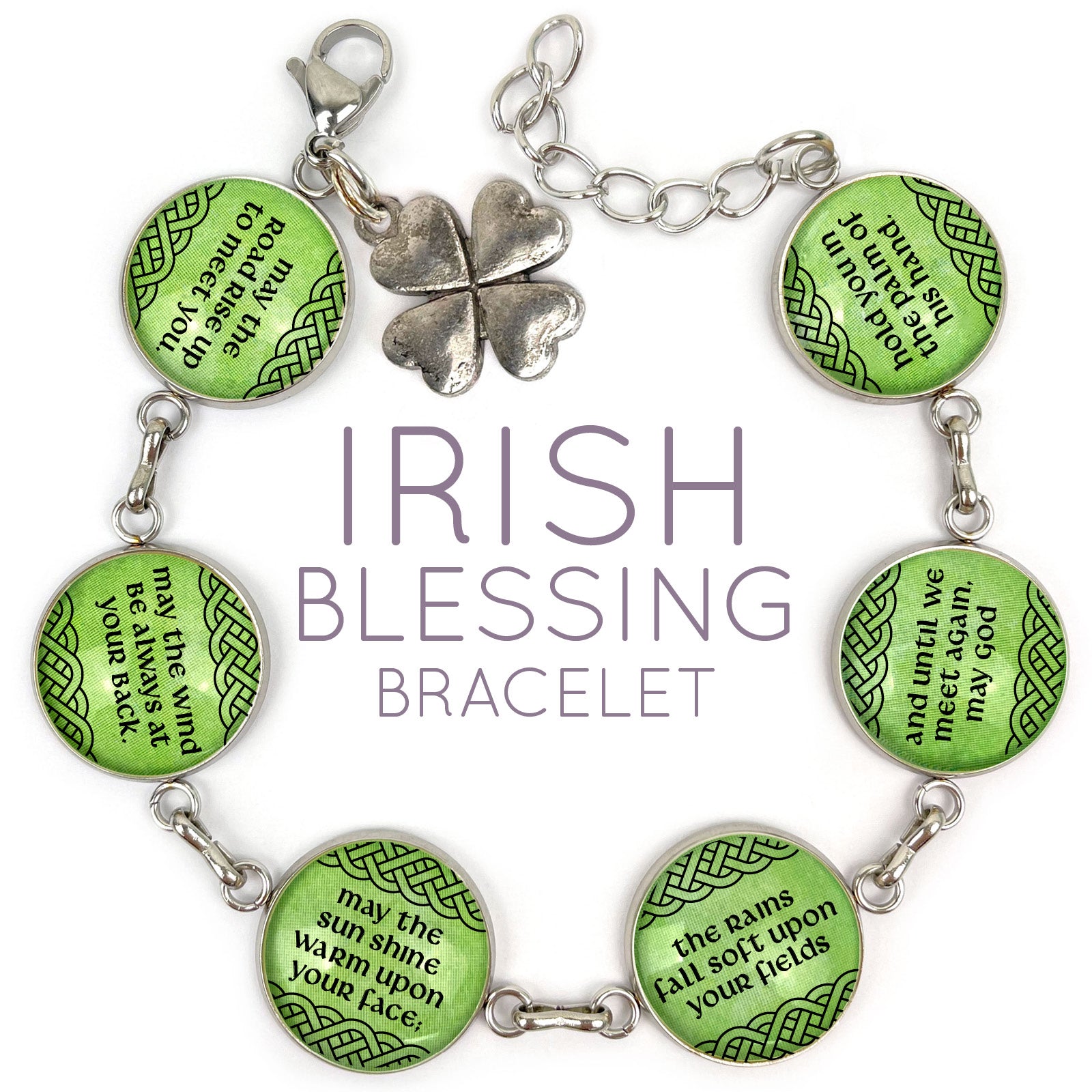 Irish Blessing Charm Bracelet - Stainless Steel or Silver-Plated with Green Glass Charms - Bracelets - Bijou Her -  -  - 