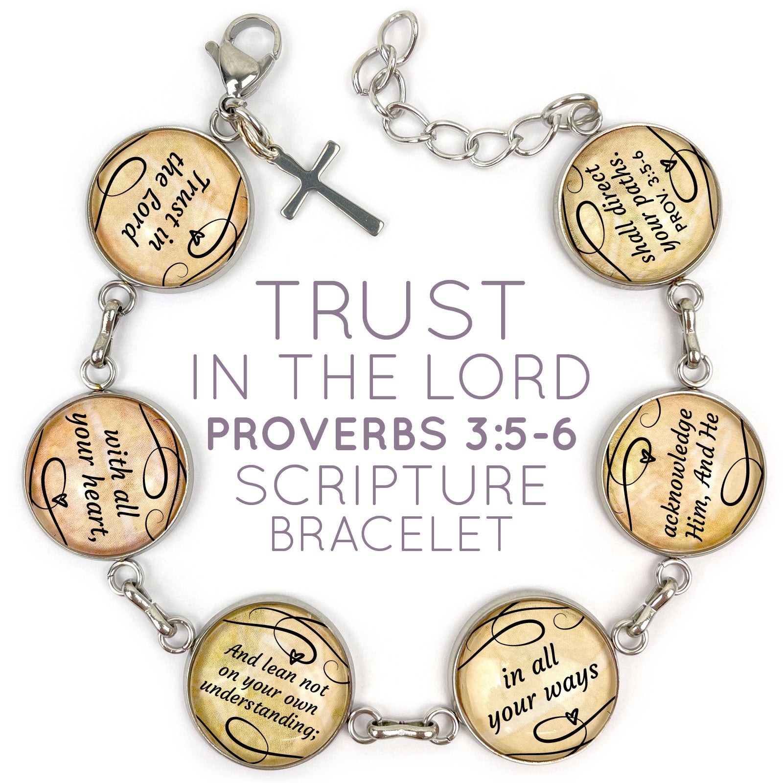 Trust in the Lord Scripture Charm Bracelet - Proverbs 3:5-6, Glass Charms, Stainless Steel - Bracelets - Bijou Her -  -  - 