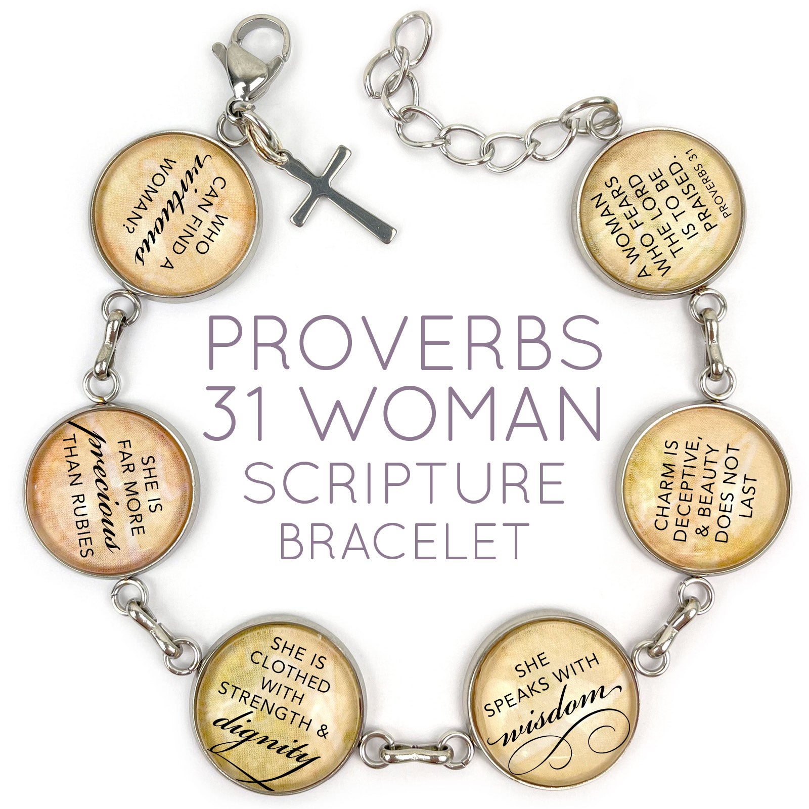 Proverbs 31 Scripture Charm Bracelet - Glass Charms, Stainless Steel - Bracelets - Bijou Her -  -  - 