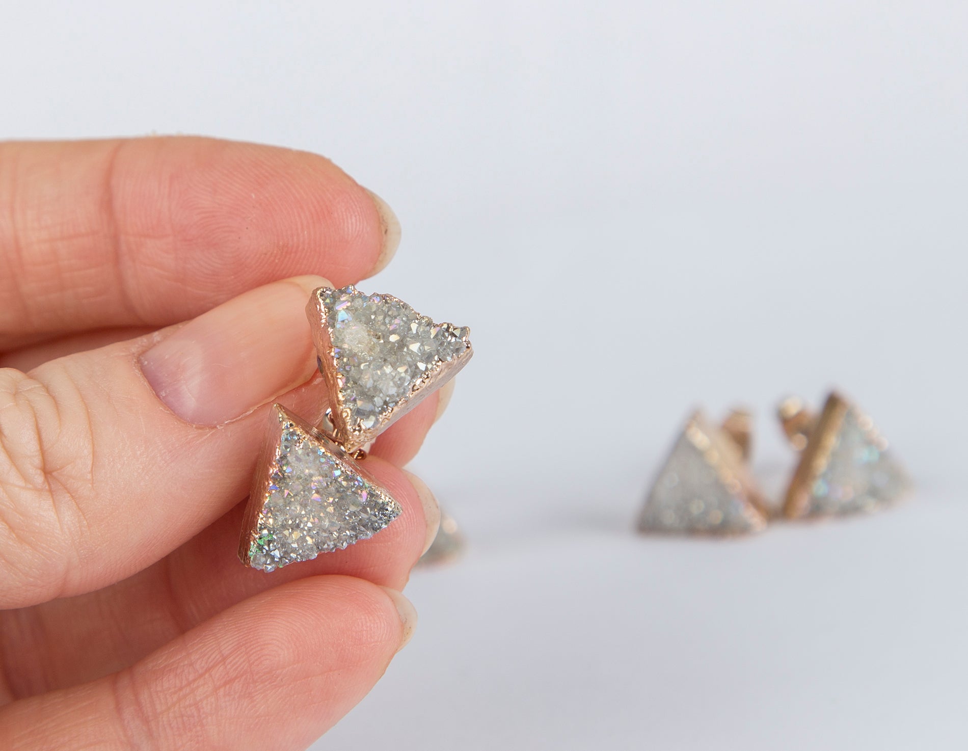 Sparkling White Triangle Druzy Earrings with Gold Plated Studs - Fast Shipping<p>These 10-12mm stone earrings are not plastic and perfect for summer. Orders ship within 1-2 days.</p><p>Delivery times:</p - Earrings - Bijou Her -  -  - 