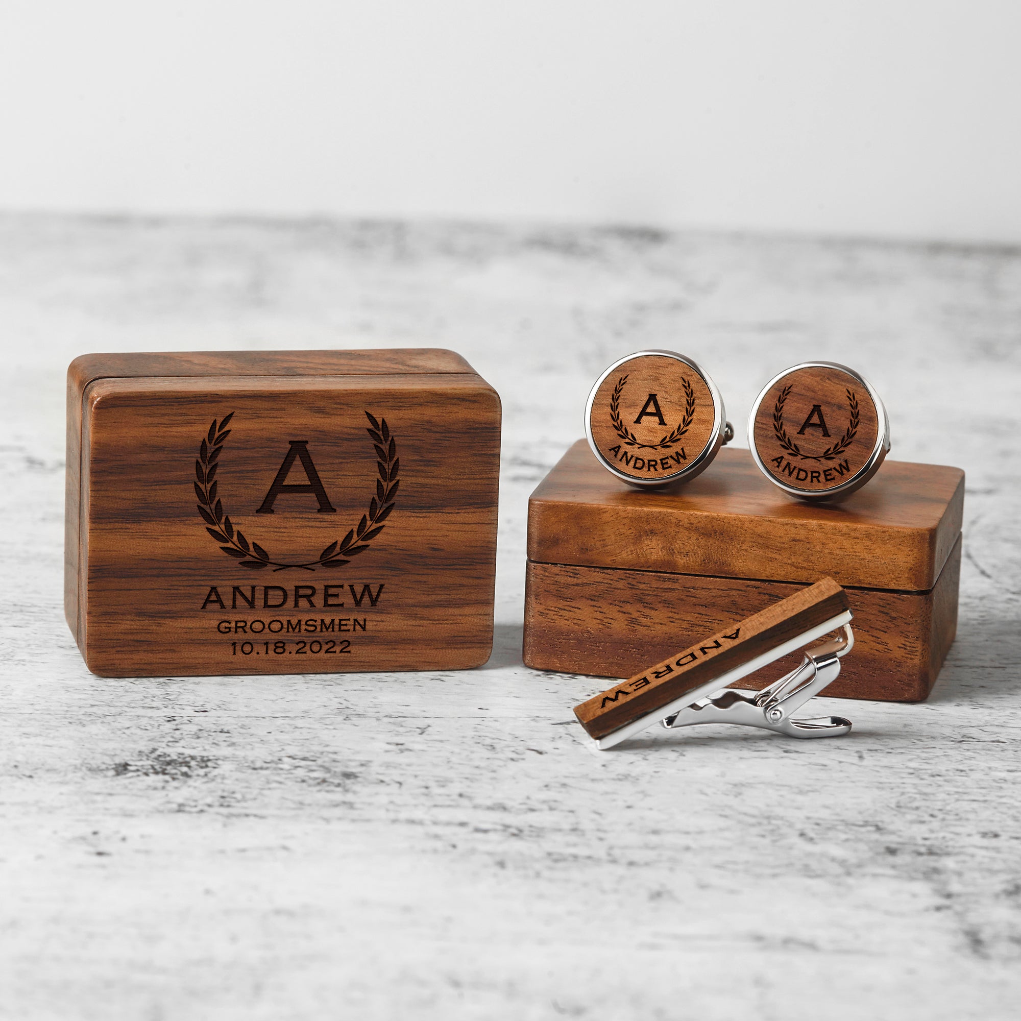 Personalized Wood Cufflinks and Tie Clip Set for Groomsmen Gifts - Custom Engraved Box Included - Cufflinks - Bijou Her -  -  - 