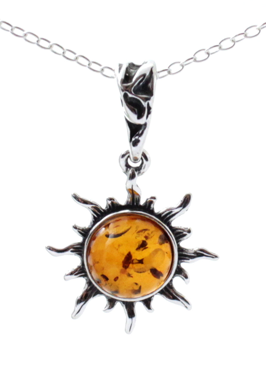 Sterling Silver Sun Pendant with Green or Cognac Amber - 1.5cm Width - Pendants, Stones & Charms - Bijou Her -  -  - 