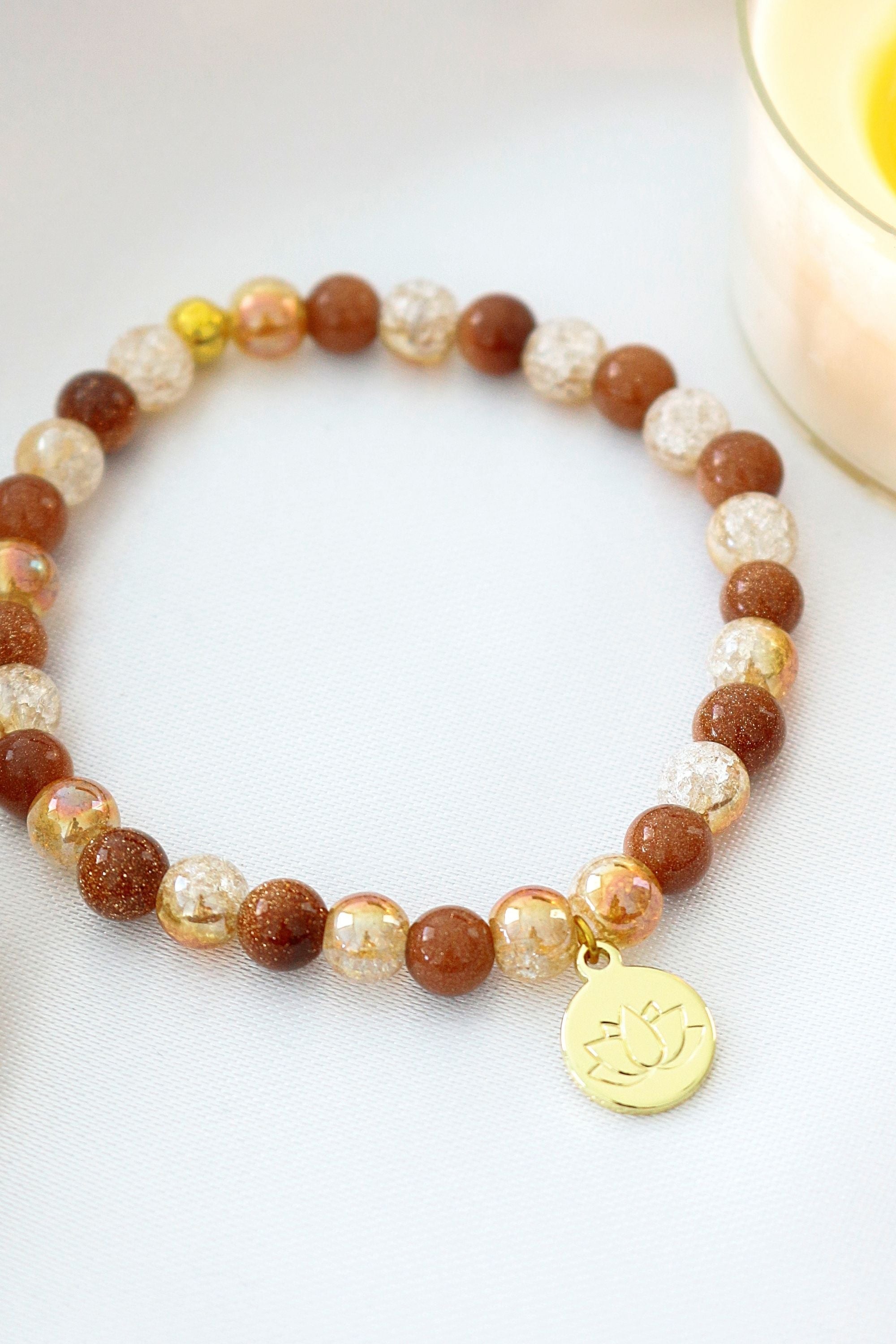 Goldstone Lotus Flower Amulet Bracelet | Elastic Fine Jewelry for Abundance - Bracelets - Bijou Her -  -  - 