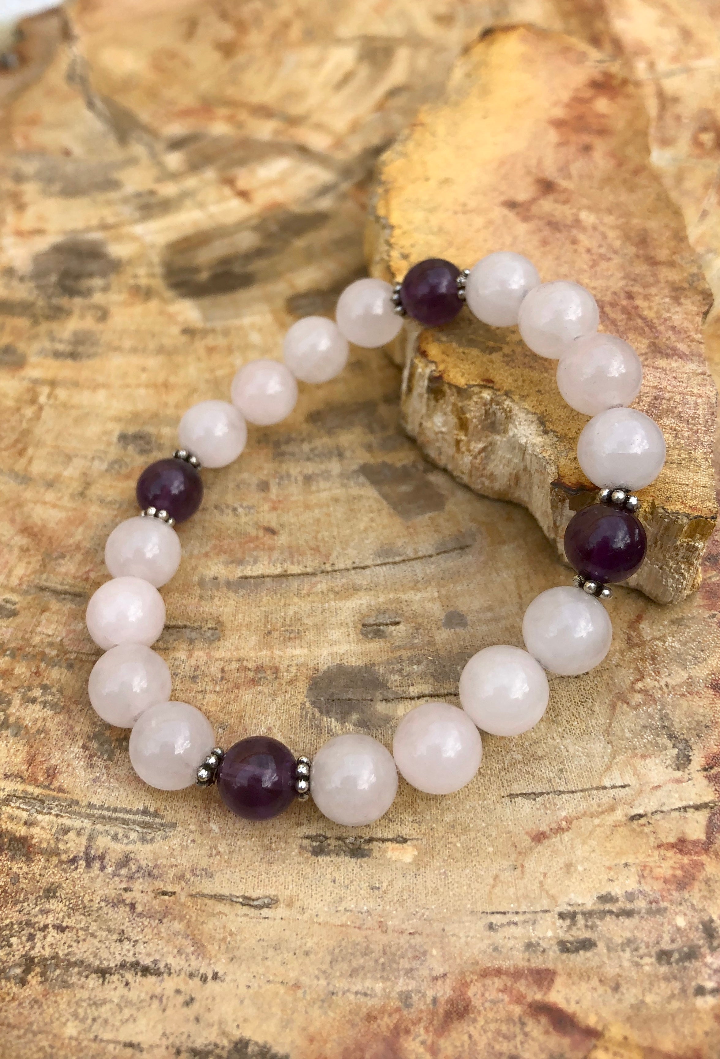 Handmade Rose Quartz & Amethyst Healing Bracelet for Calming Energy - USA Made with Premium Gemstones - Bracelets - Bijou Her -  -  - 