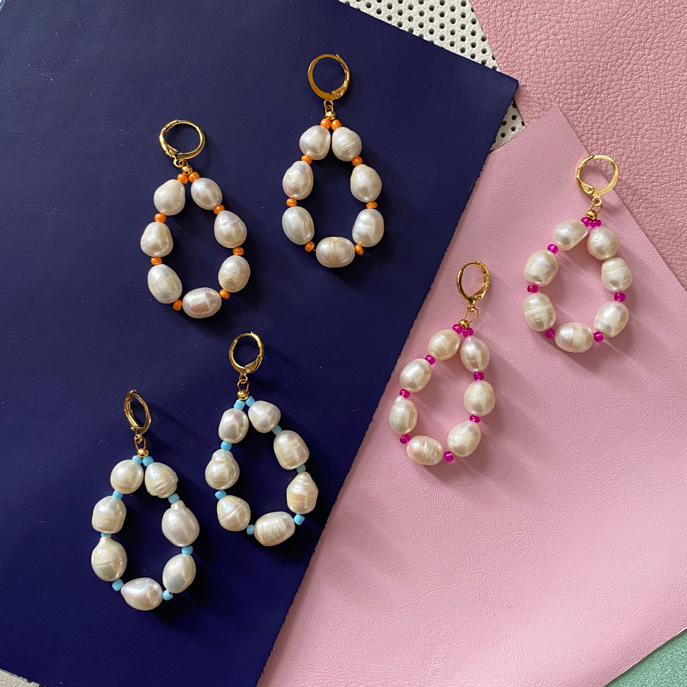 Handmade Freshwater Pearl Hoop Earrings with Pop of Color by Shh by Sadie - Statement Jewelry - Earrings - Bijou Her -  -  - 