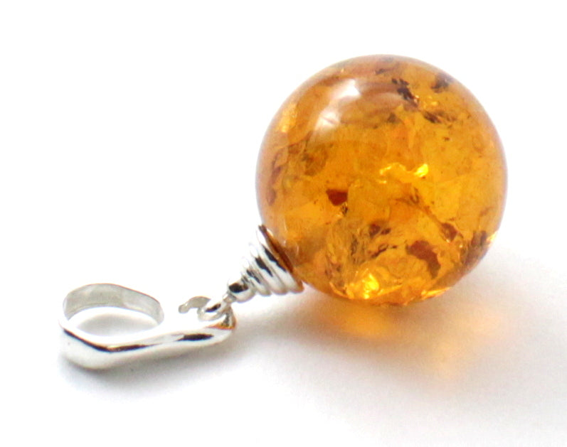Small Round Baltic Amber Pendant - Cognac Brown Minimalist Jewelry with Sterling Silver 925 - Pendants, Stones & Charms - Bijou Her -  -  - 
