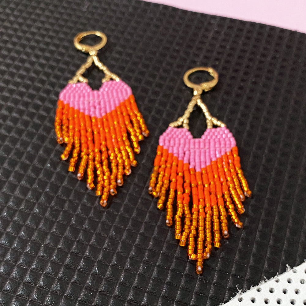 Handmade Heart Earrings - Pink & Orange Ombre Fringe, 24K Gold Plated Hoops - Earrings - Bijou Her -  -  - 