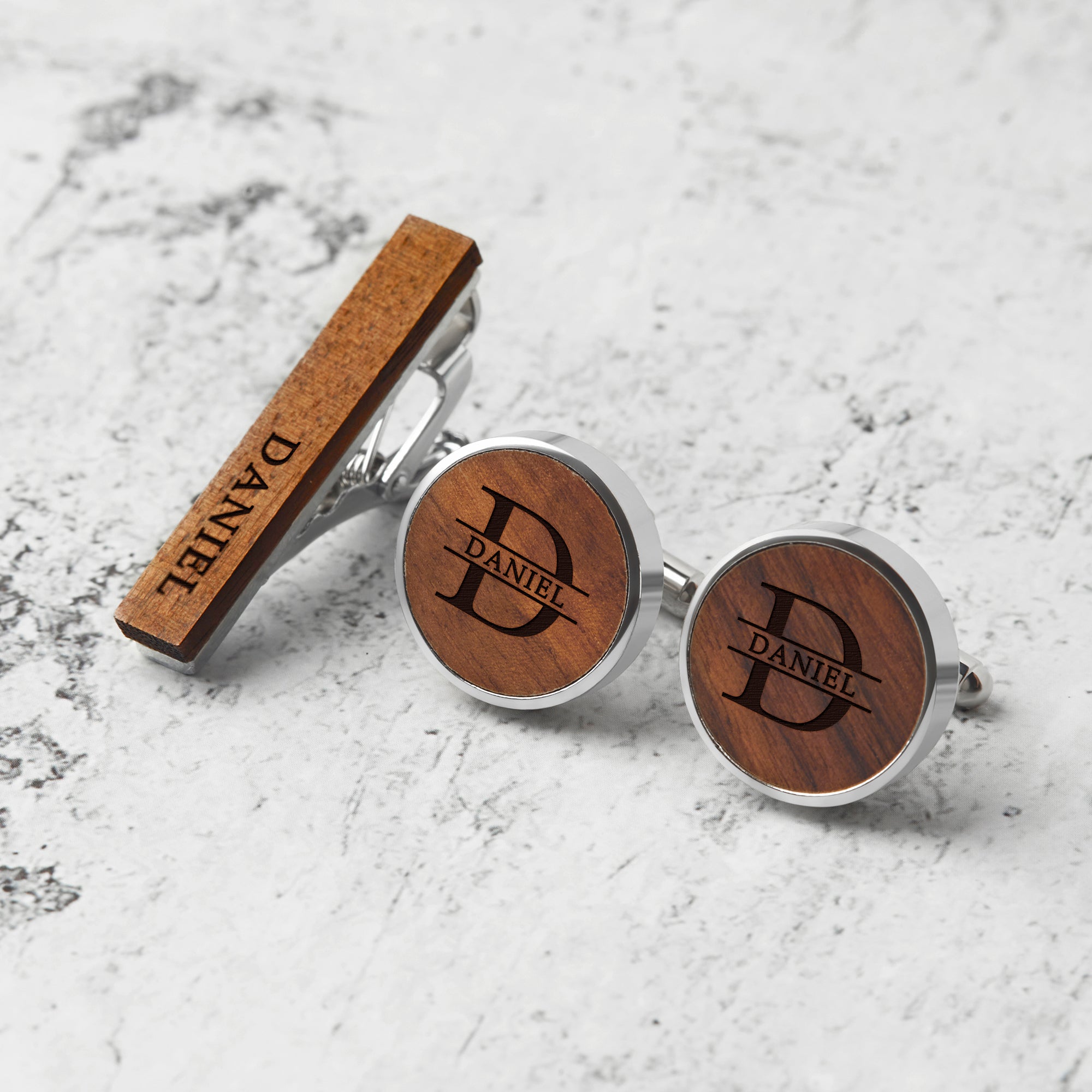 Personalized Wood Cufflinks and Tie Clip Set for Groomsmen Gifts - Custom Engraved Box Included - Cufflinks - Bijou Her -  -  - 